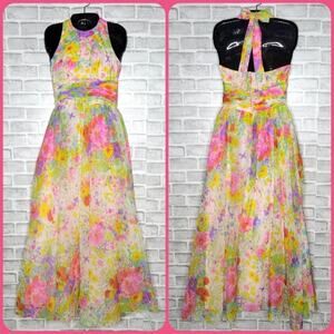 Vintage Floral Halter Maxi Dress 70s Garden Fairy Festival Prom Gown, sz 5